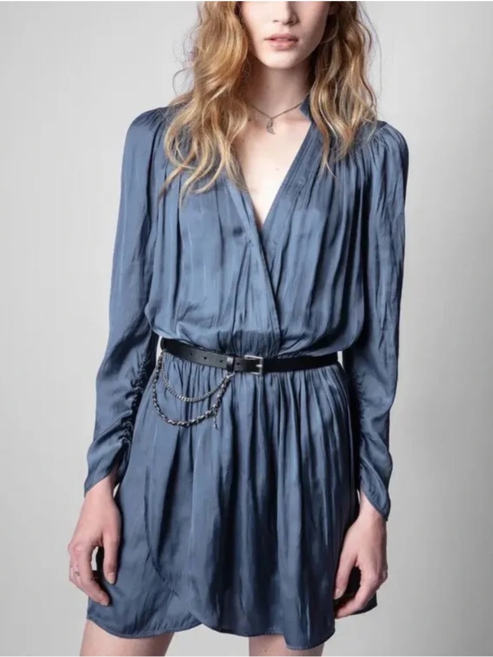 Zadig & Voltaire Slate Blue Long-Sleeve Wrap Mini Dress